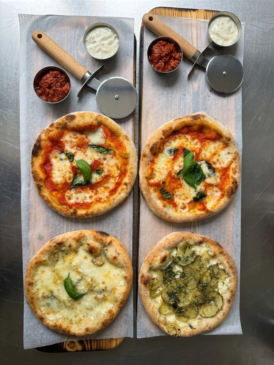Pikku Duo — kaksi mini-pizzaa ja dipit puulaudalla